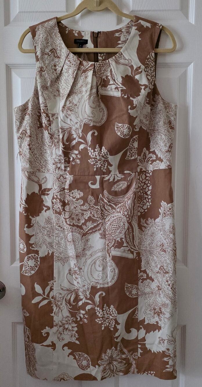 Talbots Sleeveless Brown Beige White Floral Sheath Midi Dress Size 16